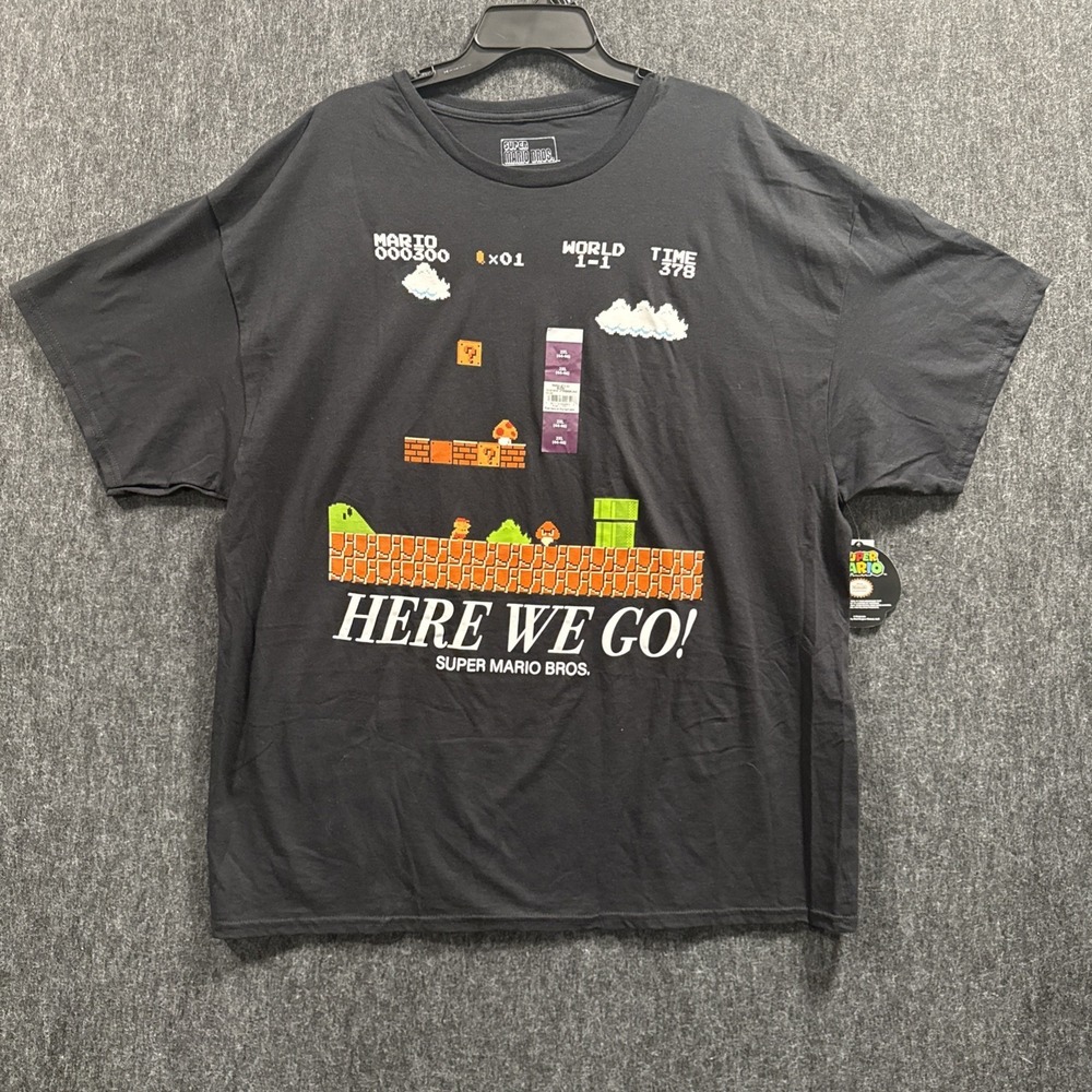 Super Mario Bros Men 2XL(44-46) Black Here We Go Graphic Nintendo World 1-1 Tee